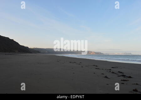 Landschaftsbild von Cayton Bucht mit Scarborough im Hintergrund. Bild zeigt angespülten Algen am Strand entlang verstreut Stockfoto