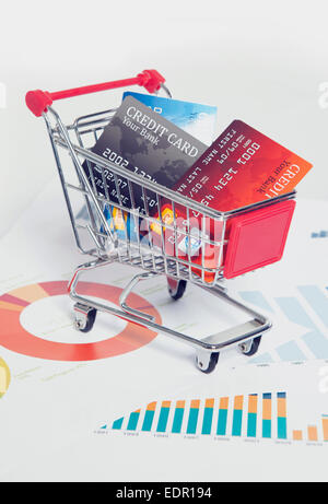 Shopping Cart und Kreditkarten auf der statistischen Karte Stockfoto