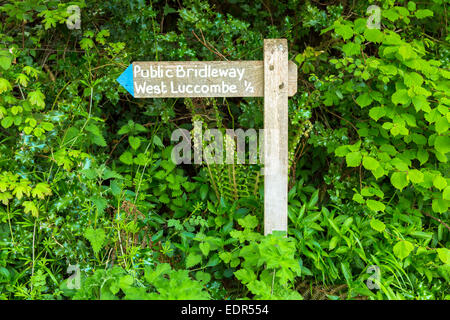 Öffentliche Maultierweg Wegweiser nach West Luccombe im Exmoor National Park in der Nähe von Allerford, Somerset, Großbritannien Stockfoto