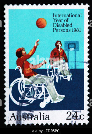 Verwendet und Poststempel Australien / Austrailian Stempel 24c 1981 internationales Jahr der behinderten Personen-Rollstuhl-Basketball Stockfoto