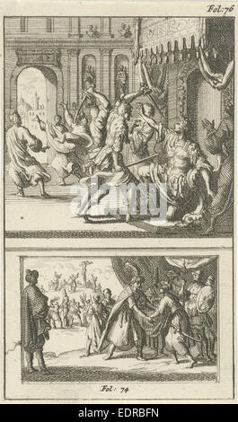 Julius Caesar ermordet. Polykrates freundlich empfangen von Orates, Jan Luyken, Johannes Boekholt, 1687 Stockfoto