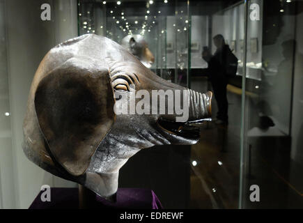 Jinan, China Shandong Provinz. 9. Januar 2015. Der Bronzekopf des Schweins ist auf dem Display während einer Ausstellung der Schätze der Yuanmingyuan im Shandong Provincial Museum in Jinan, der Hauptstadt der ostchinesischen Provinz Shandong, 9. Januar 2015. Bronzeköpfe der Kuh, Tiger, Affe und Schwein und mehr als 100 Relikte aus der Yuanmingyuan wurden in der Ausstellung. © Xu Suhui/Xinhua/Alamy Live-Nachrichten Stockfoto