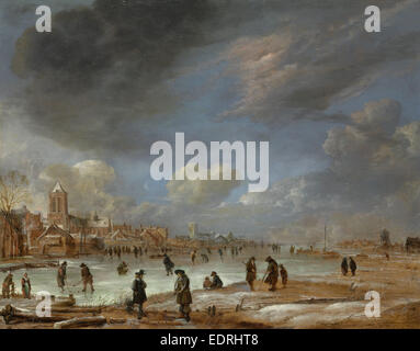 Blick auf den Fluss im Winter, Aert van der Neer, 1655-1660 Stockfoto