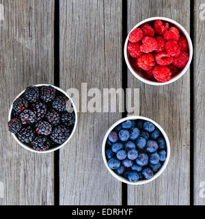 Kleine weiße Schalen mit Himbeeren, Brombeeren und Heidelbeeren Stockfoto