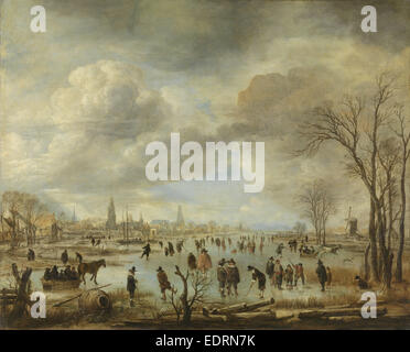 Blick auf den Fluss im Winter, Aert van der Neer, c. 1655 - 1660 c. Stockfoto