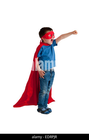 Superheld junge Kind isoliert auf weißem Hintergrund Stockfoto
