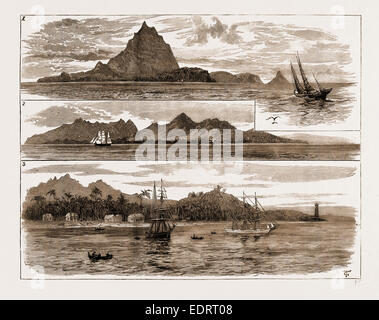 DER VULKANAUSBRUCH AUF JAVA, INDONESIEN, BLICK AUF KRAKATAU UND ANJER, NUN VOLLSTÄNDIG ZERSTÖRT, 1883:1. Die Insel Krakato Stockfoto