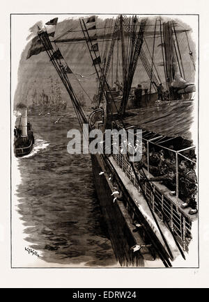 DER BESUCH DER KÖNIGIN IN LIVERPOOL, VEREINIGTES KÖNIGREICH, 1886: "DIE KÖNIGIN KOMMT: HIP! HIP! HIP! HURRA! " Stockfoto