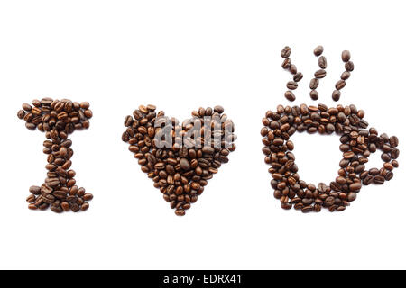 Ich liebe Kaffee (Kaffee-Bohnen in Form der Massage) auf weißem Hintergrund (isoliert) Stockfoto