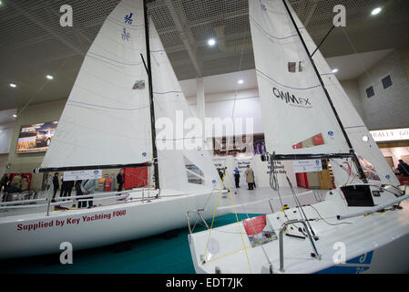 Excel, London Docklands, UK. 9. Januar 2015. Der London Boat Show öffnet ab 9-18. Januar und der Telegraph Cruise Show vom 9.-11. Januar. Bildnachweis: Malcolm Park Leitartikel/Alamy Live-Nachrichten Stockfoto