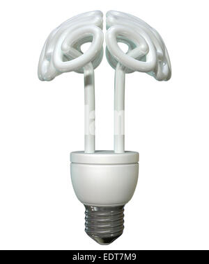 Eine regelmäßige Leuchtstoff Glühlampe in Form eines stilisierten Gehirns auf einem isolierten weißen Hintergrund Stockfoto