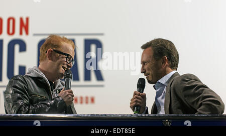 Chris Evans interviewt Christian Horner während der Eröffnung der konstituierenden London Classic Car Show in Excel auf 08.01.2015. Christian ist der Teamchef von Infiniti Red Bull Racing Formula One team Stockfoto