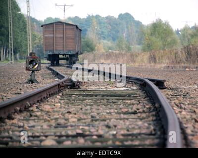 Ein Freigh Wagen steht auf einem Nebengleis zwischen Stammlager Auschwitz und Auschwitz-Birkenau in Oswiecim, Polen, 4. Oktober 2014. Menschen aus allen Ländern besetzt von Nazi-Deutschland, Primeraly europäischen Juden ab 1942, wurden in das KZ Auschwitz deportiert und waren gezwungen, aus dieser Seite Track nach Auschwitz-Birkenau zu marschieren, bevor das Lager Auswahl Rampe fertig gestellt wurde. Die meisten von ihnen wurden in den Gaskammern des Lagers ermordet. Nur 15 bis 20 Prozent des ankommenden Häftlinge aus jeder Deportationszug waren als Zwangsarbeiter dienen am Leben gelassen und vor allem aus Erschöpfung und Dise starb Stockfoto