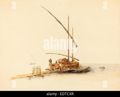 Johann Jacob Ulrich (Schweiz, 1798-1877), Wein Fässer verladen ein Segeln Lastkahn in Vevey, c. 1850, Aquarell Stockfoto