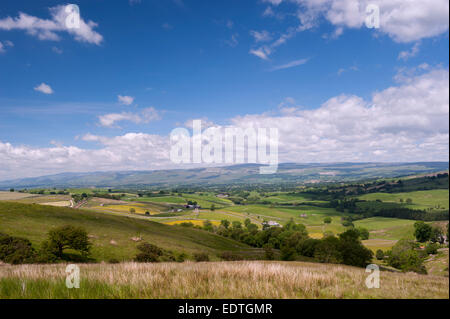 Blick über das obere Eden-Tal vom Wildschwein fiel, in Richtung der Pennine Fells, in der Nähe von Kirkby Stephen, Cumbria. Stockfoto