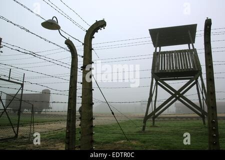 Den Stacheldraht kabelgebundene Zaun, ein-Mann-Wachturm und die Zug-Rampe mit einem verlassenen Freight Waggon Stand bedeckt im Nebel des KZ Auschwitz-Birkenau, auch bekannt als Auschwitz II in Oswiecim, Polen, 5. Oktober 2014. Gefangene aus ganz Europa, Primeraly Juden, Deportierten kamen hier seit dem Jahr 1944. Rund 900.000 Deportierten wurden direkt in die Gaskammern geschickt, nach der Ankunft im Camp. Auschwit wurde befreit durch sowjetische Truppen am 27. Januar 1945 und wurde 1947 in eine Gedenkstätte und ein Museum umgebaut. Das Camp wurde seit 2007 aufgeführten Weltkulturerbe der UNESCO, offiziell als mit dem Titel "A Stockfoto