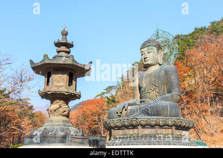 Statue von Buddha und bunten Bäumen am Shinheungsa Tempel im Seoraksan Nationalpark im Herbst, Korea Stockfoto