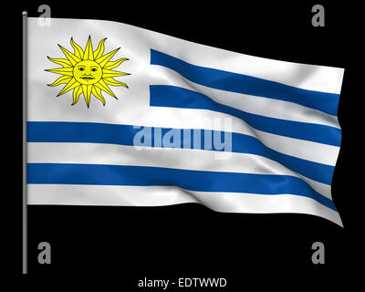 Wehende uruguayische Flagge auf schwarzem Hintergrund isoliert Stockfoto