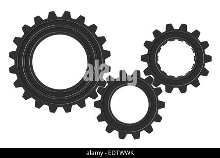 3D Render von metallischen Zahnrädern auf weißem Hintergrund Stockfoto