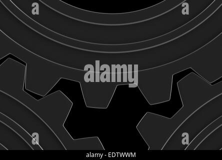 3D Render von metallischen Zahnrädern auf schwarzem Hintergrund Stockfoto