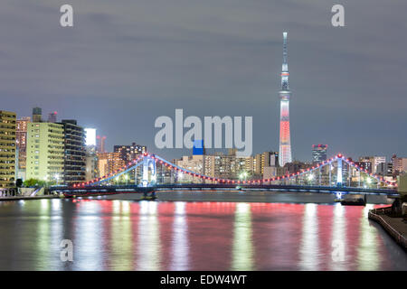 Stadtbild von Tokio und Tokyo Skytree nachts entlang Stockfoto