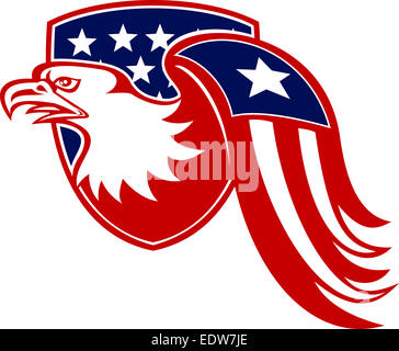 Illustration der Weißkopf-Seeadler zugewandten Seite mit Sternen und Streifen Flügel gesetzt in Schild mit amerikanischen Flagge auf isolierten weißen Hintergrund. Stockfoto