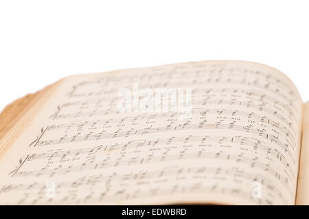 musikalische Komposition Buch öffnete über weißem Hintergrund Stockfoto