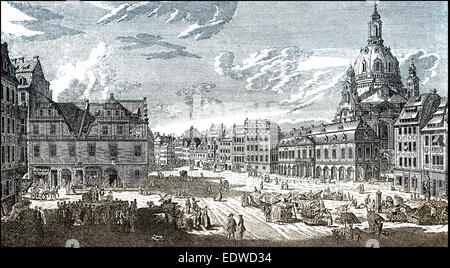 Historische Stadtbild, der Platz vor der Dresdner Frauenkirche, Dresden, 17. Jahrhundert, Sachsen, Deutschland, Europa, historisc Stockfoto