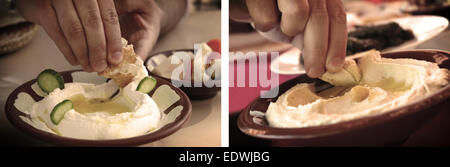 Collage eines Mannes eine Pita Brotscheibe in traditionellen Hummus und Labneh Platten eintauchen. Stockfoto