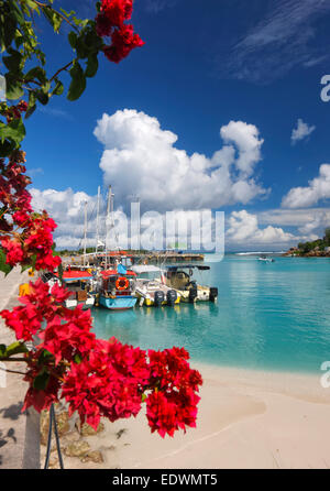 Seychellen, La Digue. Boote im Hafen. Stockfoto