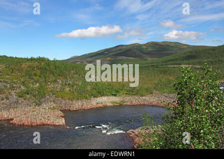 Tundra-Landschaft mit Bäumen, Fluss und Bergen in Nord-Norwegen Stockfoto