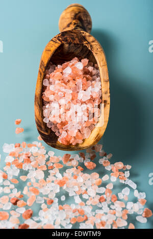 Rosa Salz aus dem Himalaya in einem Olivenhain Holzlöffel Stockfoto
