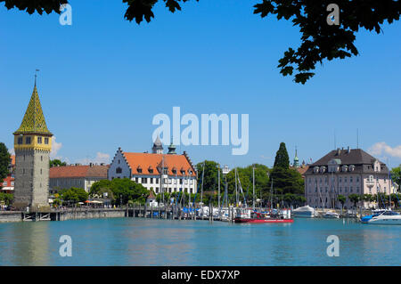 Lindau, Allgäu, Bodensee, Bodensee, Hafen, Mangturm Tower, alten Leuchtturm Stockfoto