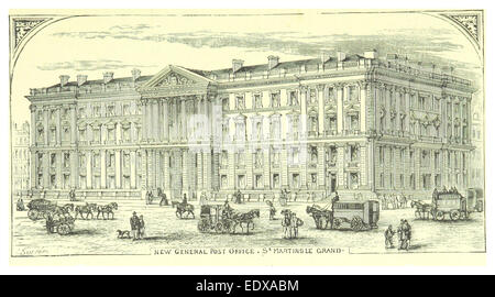 Diese Abbildung aus dem Jahr 1873 zeigt das New General Post Office in London. Das Gebäude war ein bedeutendes Symbol der viktorianischen Architektur und des Wachstums Londons als globales Kommunikationszentrum im späten 19. Jahrhundert. Stockfoto