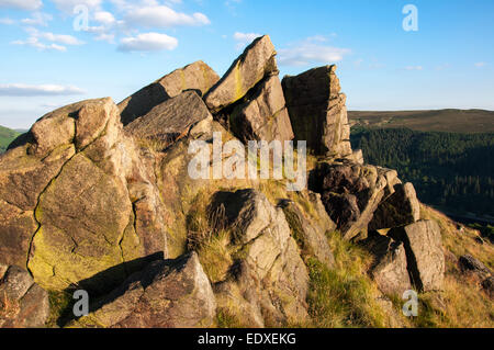 Gritstone Felsen auf dem Gipfel des Crook Hill im Peak District, Derbyshire. Einen angenehmen Abend Sommer Sonnenlicht. Stockfoto