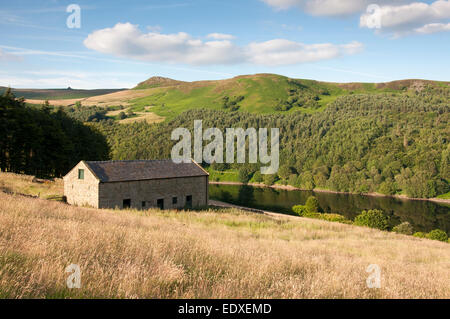 Stein-Scheune im Peak District am Ladybower Vorratsbehälter mit Blick auf Whinstone Lee Tor an einem Sommerabend. Stockfoto