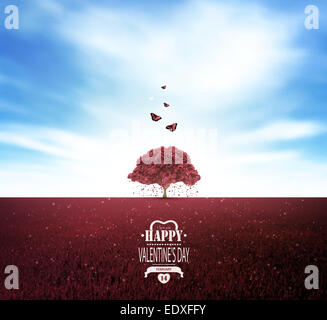 Valentinstag Hintergrund mit Liebe Baum, rotes Feld, blauer Himmel, Herzen, Schmetterlinge und Titel Inschrift Stockfoto