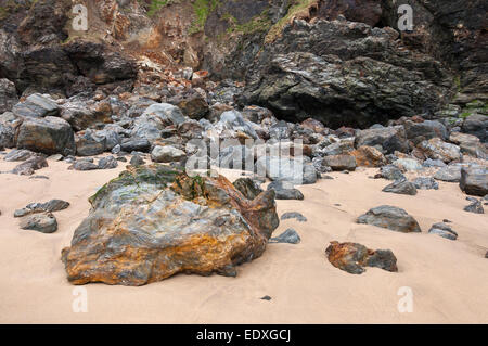 Interessante Geologie in den Felsen am Strand von Perranporth in Cornwall. Felsbrocken verstreut auf dem warmen farbigen Sand. Stockfoto