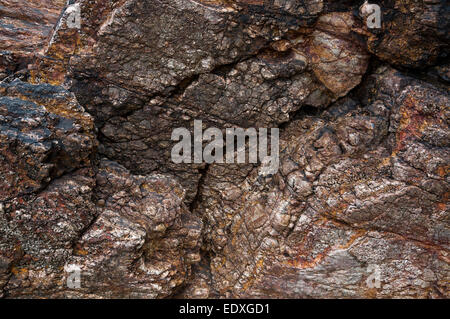 Interessante Geologie in den Felsen am Strand von Perranporth in Cornwall. Stockfoto