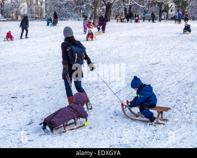 Frau junge Kinder mit zwei Schlitten ziehen, nach schweren Winterschnee im öffentlichen Park, Berlin Stockfoto