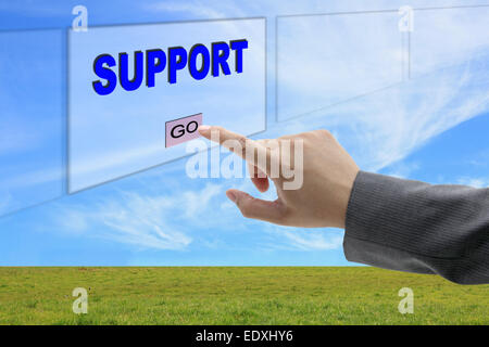 Asiengeschäft Mann Hand drücken Sie auf die Schaltfläche "Support" auf Touchscreen-Panel für Business-Konzept Stockfoto