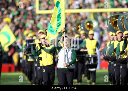 1. Januar 2015 Oregon Ducks marching Band in Aktion während der College Football Playoff-Halbfinale in der Rose Bowl-Spiel präsentiert von Northwestern Mutual in der Rose Bowl in Pasadena, California.Charles Baus/CSM Stockfoto