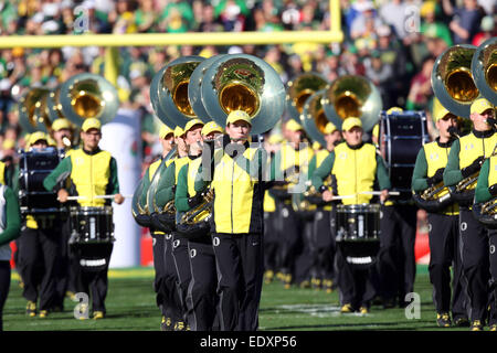 1. Januar 2015 Oregon Ducks marching Band in Aktion während der College Football Playoff-Halbfinale in der Rose Bowl-Spiel präsentiert von Northwestern Mutual in der Rose Bowl in Pasadena, California.Charles Baus/CSM Stockfoto