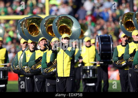 1. Januar 2015 Oregon Ducks marching Band in Aktion während der College Football Playoff-Halbfinale in der Rose Bowl-Spiel präsentiert von Northwestern Mutual in der Rose Bowl in Pasadena, California.Charles Baus/CSM Stockfoto