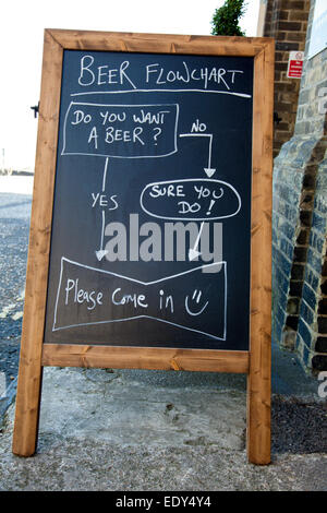 Ein Bier-Flussdiagramm-Werbetafel außerhalb einer Gastwirtschaft in Cromer, Norfolk, England, UK Stockfoto