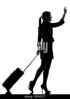 ein Geschäftsreisender Frau zu Fuß hagelt Silhouette Studio isoliert auf weißem Hintergrund Stockfoto