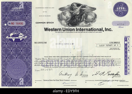 Historischen Aktienzertifikat, Western Union International, Goldman Sachs & Co, 1971, New York, U Stockfoto