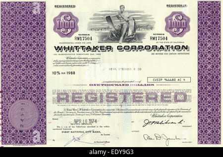 Historischen Aktienzertifikat, Whittaker Corporation, 1000 Dollar, 1974, Kalifornien, USA Stockfoto