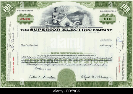 Historische Aktie Zertifikat, Historische Aktie, The Superior Electric Company, Connecticut, USA, 1968 Stockfoto