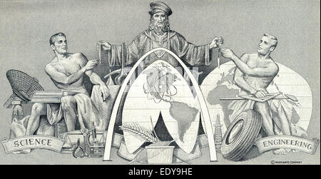 Stahlstich von einem historischen Teilen, Detail, allegorische Darstellung der weltweiten Forschung in Technik und Chemie, Detail, Stockfoto